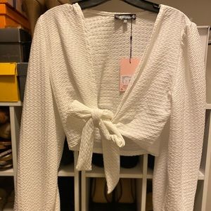 Missguided White Crinkle Texture Tie Top Sz 4 NWT